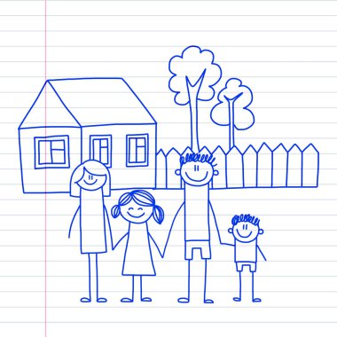 Küçük çocuk ve ev çocuklar üstünde not etmek, defter kağıt mavi mürekkep kalem görüntü illüstrasyon vektör çizim ile mutlu aile.