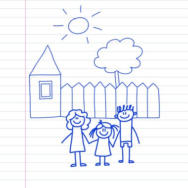 Küçük çocuk ve ev çocuklar üstünde not etmek, defter kağıt mavi mürekkep kalem görüntü illüstrasyon vektör çizim ile mutlu aile.