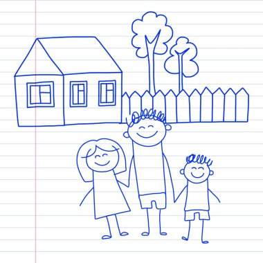 Küçük çocuk ve ev çocuklar üstünde not etmek, defter kağıt mavi mürekkep kalem görüntü illüstrasyon vektör çizim ile mutlu aile.