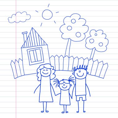 Küçük çocuk ve ev çocuklar üstünde not etmek, defter kağıt mavi mürekkep kalem görüntü illüstrasyon vektör çizim ile mutlu aile.