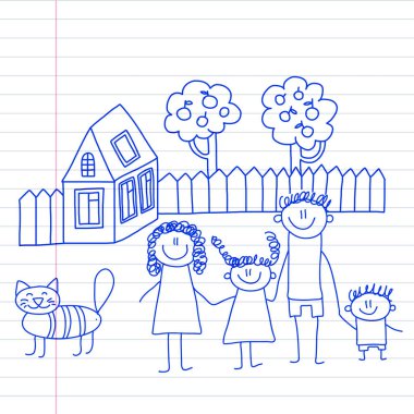 Küçük çocuk ve ev çocuklar üstünde not etmek, defter kağıt mavi mürekkep kalem görüntü illüstrasyon vektör çizim ile mutlu aile.