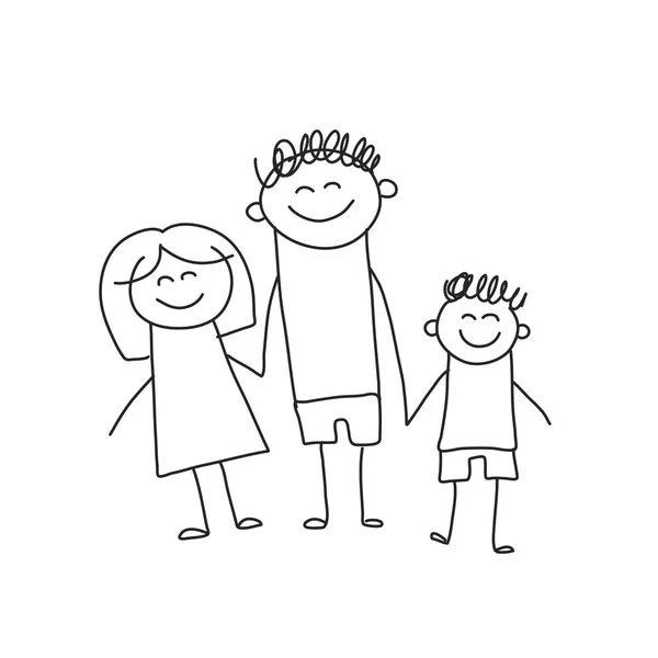 아이 들과 함께 행복 한 가족입니다. 아이 스타일 드로잉 벡터 일러스트 레이 션. 어머니, 아버지, 자매, 형제. — 스톡 벡터