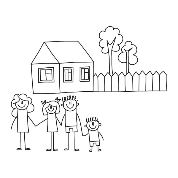 子供と幸せな家庭。描画スタイルの子供たちはベクトル イラストです。母、父、妹、弟. — ストックベクタ