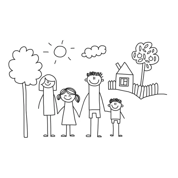 Família feliz com filhos. Crianças desenho estilo vetor ilustração. Mãe, pai, irmã, irmão . —  Vetores de Stock