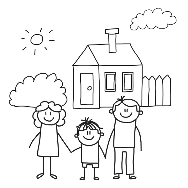 Famiglia felice con bambini. Bambini disegno stile vettoriale illustrazione. Madre, padre, sorella, fratello . — Vettoriale Stock