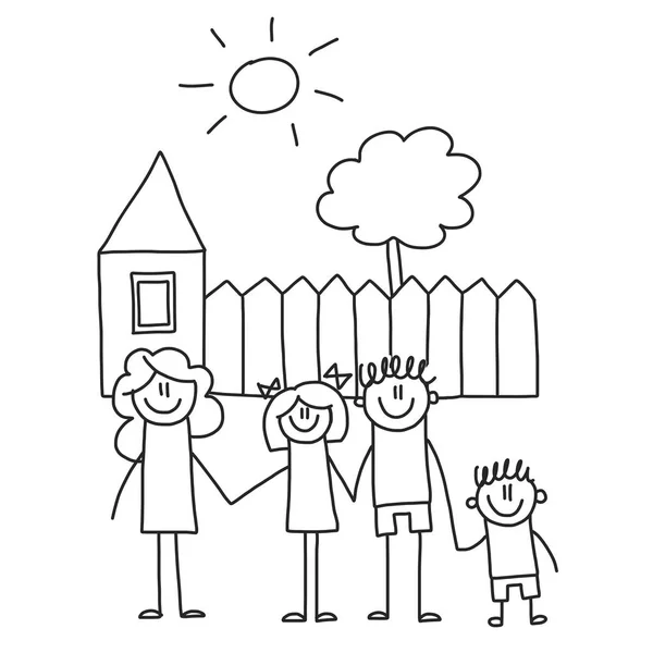 Famiglia felice con bambini. Bambini disegno stile vettoriale illustrazione. Madre, padre, sorella, fratello . — Vettoriale Stock