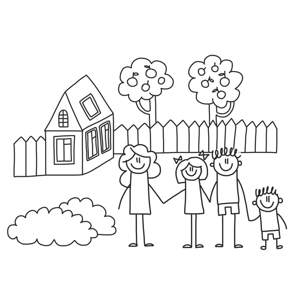 Familia feliz con hijos. Niños dibujo estilo vector ilustración. Madre, padre, hermana, hermano . — Archivo Imágenes Vectoriales