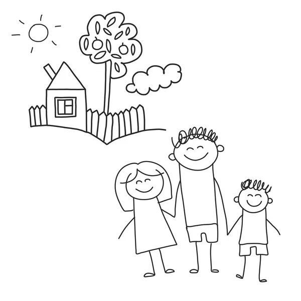 Lycklig familj med barn. Barnen ritade stil vektor illustration. Mor, far, Syster, bror. — Stock vektor
