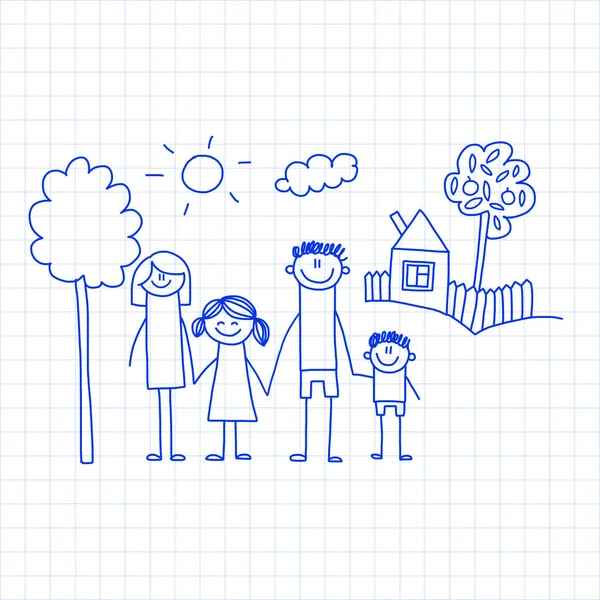 Gelukkige familie met kleine kinderen en huis kinderen vector illustratie blauwe inkt pen puttend uit gecontroleerde Kladblok, notebookpapier. — Stockvector