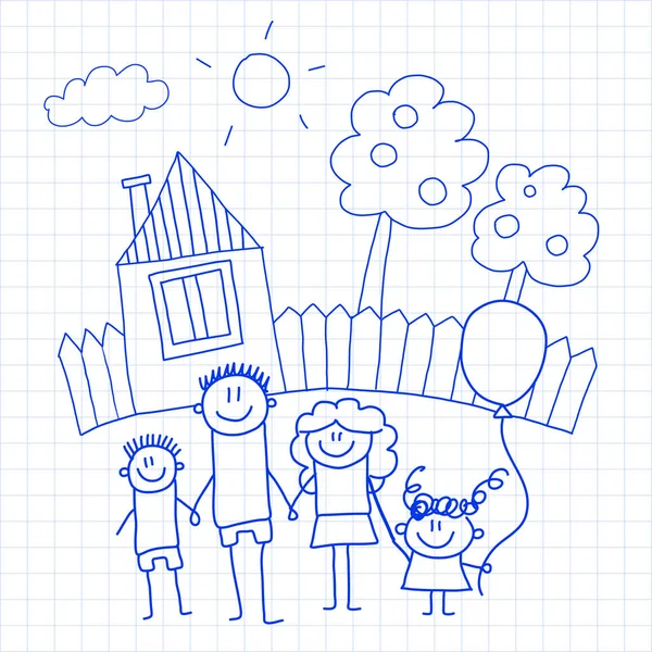 Famille heureuse avec de petits enfants et la maison Illustration vectorielle de dessin pour enfants Image de stylo à encre bleue sur carnet à carreaux, papier carnet . — Image vectorielle