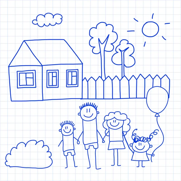 Famille heureuse avec de petits enfants et la maison Illustration vectorielle de dessin pour enfants Image de stylo à encre bleue sur carnet à carreaux, papier carnet . — Image vectorielle