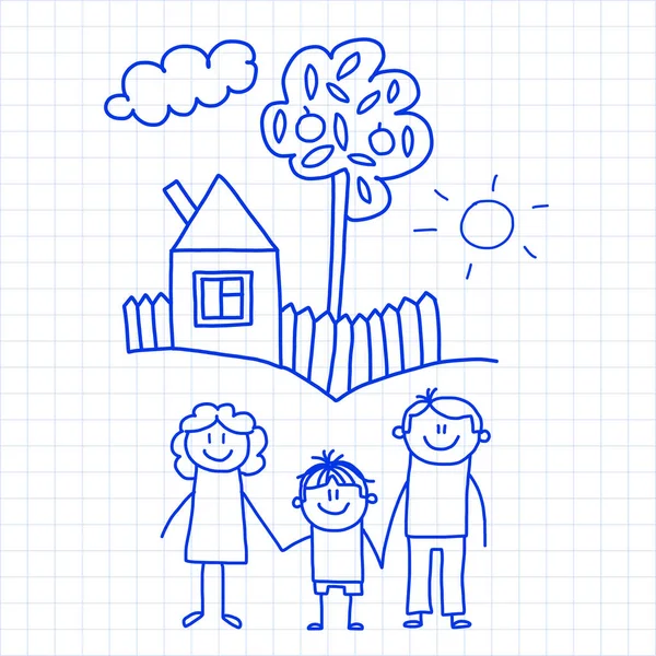 Famille heureuse avec de petits enfants et la maison Illustration vectorielle de dessin pour enfants Image de stylo à encre bleue sur carnet à carreaux, papier carnet . — Image vectorielle