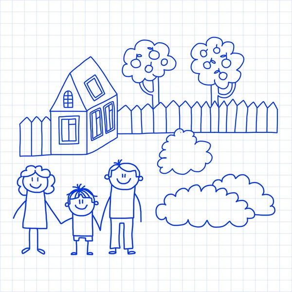 Famille heureuse avec de petits enfants et la maison Illustration vectorielle de dessin pour enfants Image de stylo à encre bleue sur carnet à carreaux, papier carnet . — Image vectorielle