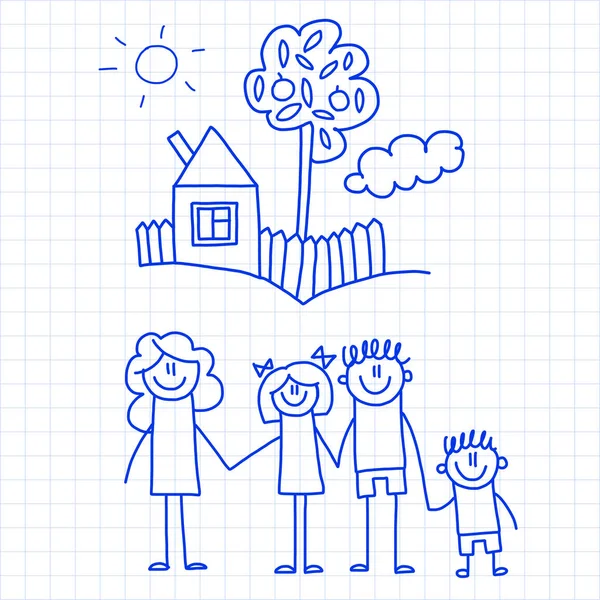 Familia feliz con niños pequeños y casa Niños dibujo vector ilustración Tinta azul pluma imagen en el bloc de notas comprobado, papel portátil . — Vector de stock