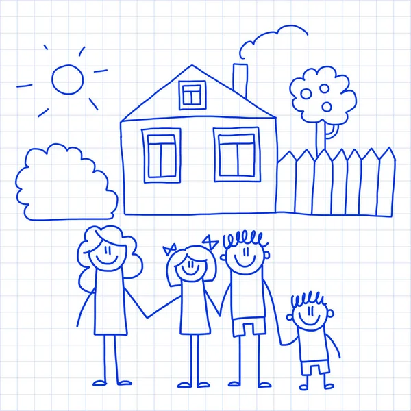 Famille heureuse avec de petits enfants et la maison Illustration vectorielle de dessin pour enfants Image de stylo à encre bleue sur carnet à carreaux, papier carnet . — Image vectorielle