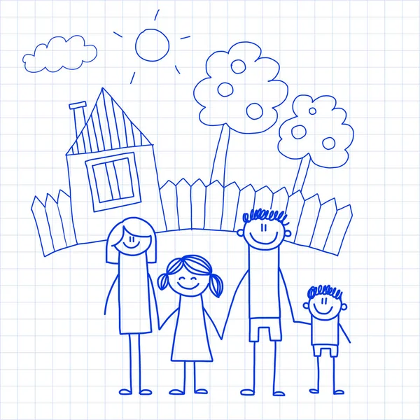 Happy family with small children and house Kids drawing vector illustration Blue ink pen image on checked notepad, notebook paper. — Stock Vector