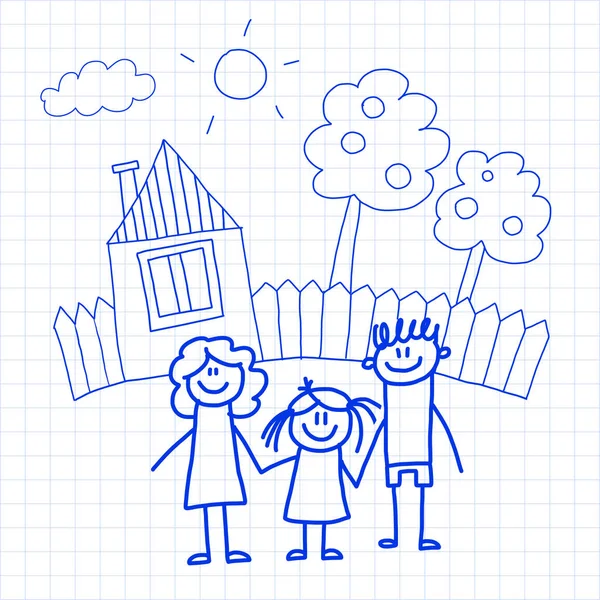 Famille heureuse avec de petits enfants et la maison Illustration vectorielle de dessin pour enfants Image de stylo à encre bleue sur carnet à carreaux, papier carnet . — Image vectorielle