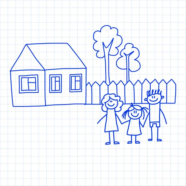 Famille heureuse avec de petits enfants et la maison Illustration vectorielle de dessin pour enfants Image de stylo à encre bleue sur carnet à carreaux, papier carnet . — Image vectorielle