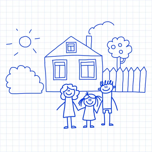 Famille heureuse avec de petits enfants et la maison Illustration vectorielle de dessin pour enfants Image de stylo à encre bleue sur carnet à carreaux, papier carnet . — Image vectorielle