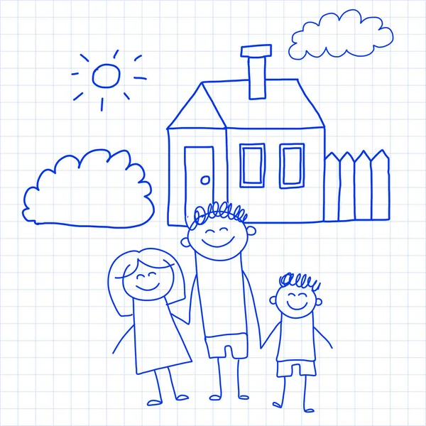 Счастливая семья с маленькими детьми и домом Дети рисуют векторную иллюстрацию Голубая чернильная ручка изображение на проверенном блокноте, ноутбук бумаги . — стоковый вектор