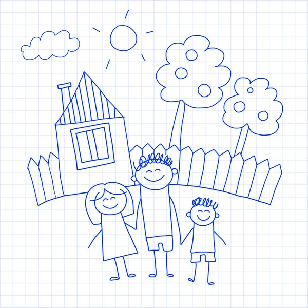 Gelukkige familie met kleine kinderen en huis kinderen vector illustratie blauwe inkt pen puttend uit gecontroleerde Kladblok, notebookpapier. — Stockvector