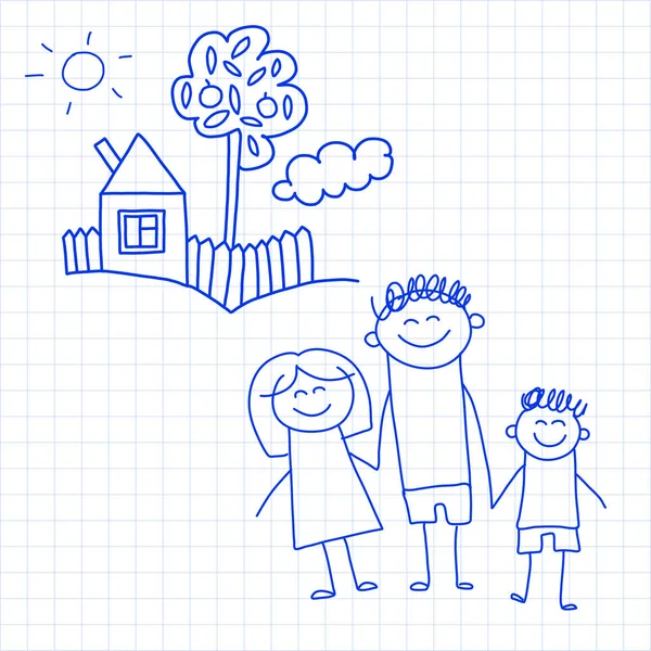 Famille heureuse avec de petits enfants et la maison Illustration vectorielle de dessin pour enfants Image de stylo à encre bleue sur carnet à carreaux, papier carnet . — Image vectorielle