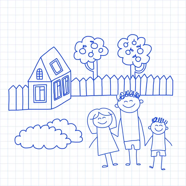 Happy family with small children and house Kids drawing vector illustration Blue ink pen image on checked notepad, notebook paper. — Stock Vector