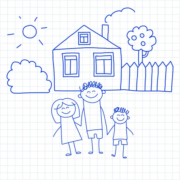 Familia feliz con niños pequeños y casa Niños dibujo vector ilustración Tinta azul pluma imagen en el bloc de notas comprobado, papel portátil . — Vector de stock
