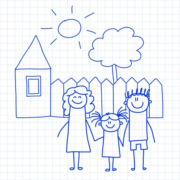 Famille heureuse avec de petits enfants et la maison Illustration vectorielle de dessin pour enfants Image de stylo à encre bleue sur carnet à carreaux, papier carnet . — Image vectorielle