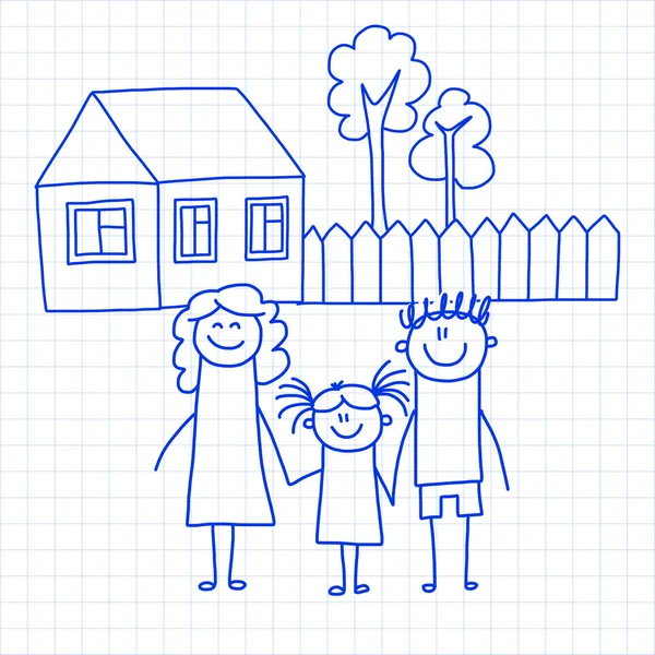 Gelukkige familie met kleine kinderen en huis kinderen vector illustratie blauwe inkt pen puttend uit gecontroleerde Kladblok, notebookpapier. — Stockvector