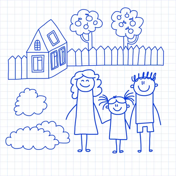 Famille heureuse avec de petits enfants et la maison Illustration vectorielle de dessin pour enfants Image de stylo à encre bleue sur carnet à carreaux, papier carnet . — Image vectorielle