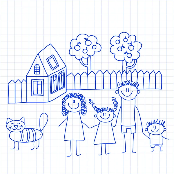 Happy family with small children and house Kids drawing vector illustration Blue ink pen image on checked notepad, notebook paper. — Stock Vector