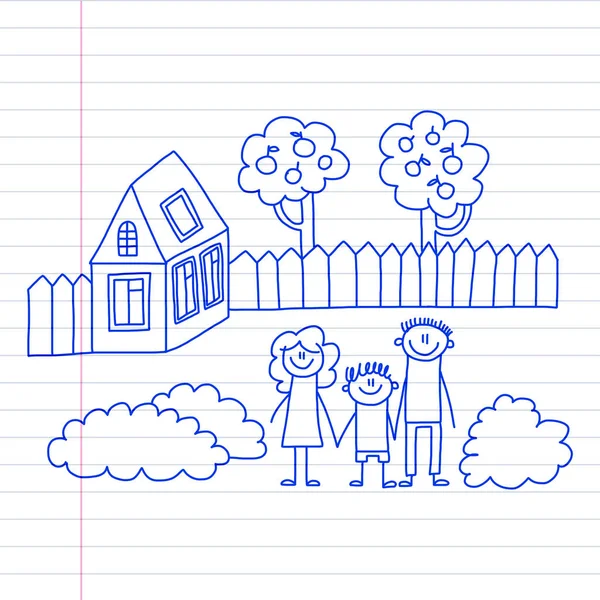 Famiglia felice con bambini piccoli e la casa Bambini disegno vettoriale illustrazione Immagine penna inchiostro blu su blocco note, carta taccuino . — Vettoriale Stock