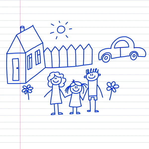 Famille heureuse avec de petits enfants et la maison Illustration vectorielle dessin pour enfants Image stylo encre bleue sur bloc-notes, papier cahier . — Image vectorielle