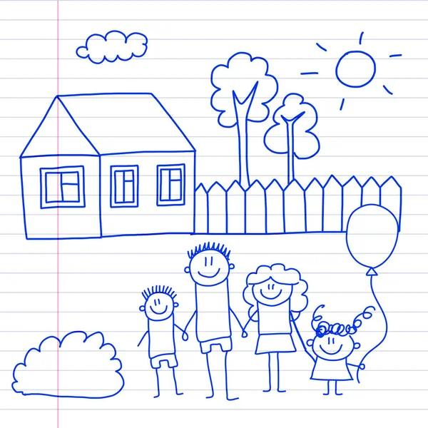 Familia feliz con niños pequeños y casa Niños dibujo vector ilustración Tinta azul pluma imagen en bloc de notas, papel de cuaderno . — Archivo Imágenes Vectoriales