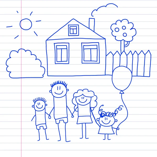 Famille heureuse avec de petits enfants et la maison Illustration vectorielle dessin pour enfants Image stylo encre bleue sur bloc-notes, papier cahier . — Image vectorielle