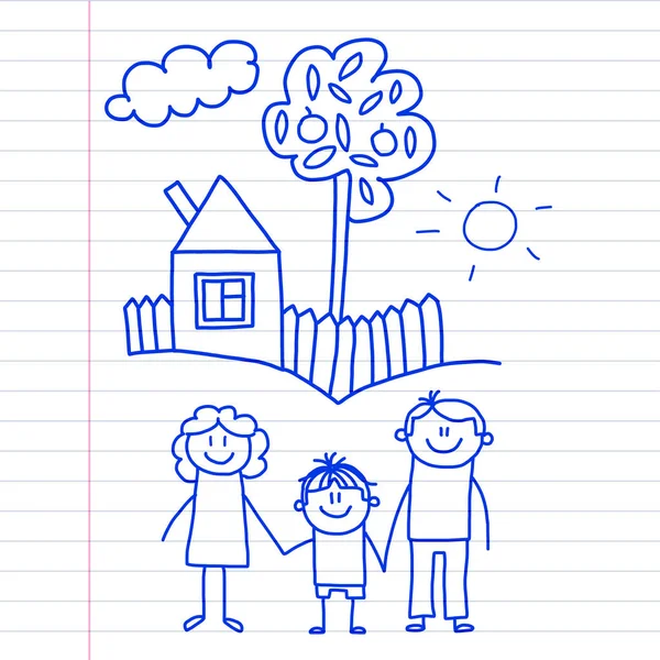 Ευτυχισμένη οικογένεια με μικρά παιδιά και το σπίτι παιδιά αντλώντας διανυσματική εικόνα μπλε μελάνι πένας εικόνα από το σημειωματάριο, σημειωματάριο χαρτί. — Διανυσματικό Αρχείο