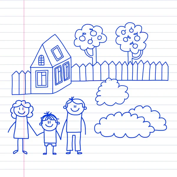 Familia feliz con niños pequeños y casa Niños dibujo vector ilustración Tinta azul pluma imagen en bloc de notas, papel de cuaderno . — Archivo Imágenes Vectoriales