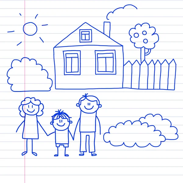 Familia feliz con niños pequeños y casa Niños dibujo vector ilustración Tinta azul pluma imagen en bloc de notas, papel de cuaderno . — Archivo Imágenes Vectoriales