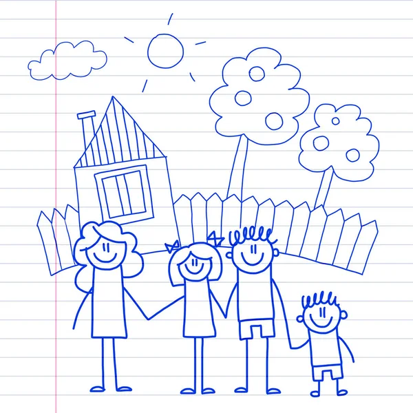 Famille heureuse avec de petits enfants et la maison Illustration vectorielle dessin pour enfants Image stylo encre bleue sur bloc-notes, papier cahier . — Image vectorielle