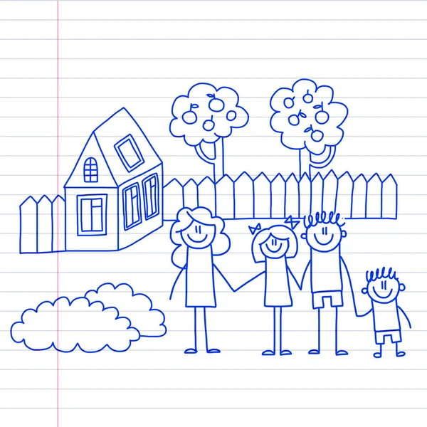 Famille heureuse avec de petits enfants et la maison Illustration vectorielle dessin pour enfants Image stylo encre bleue sur bloc-notes, papier cahier . — Image vectorielle