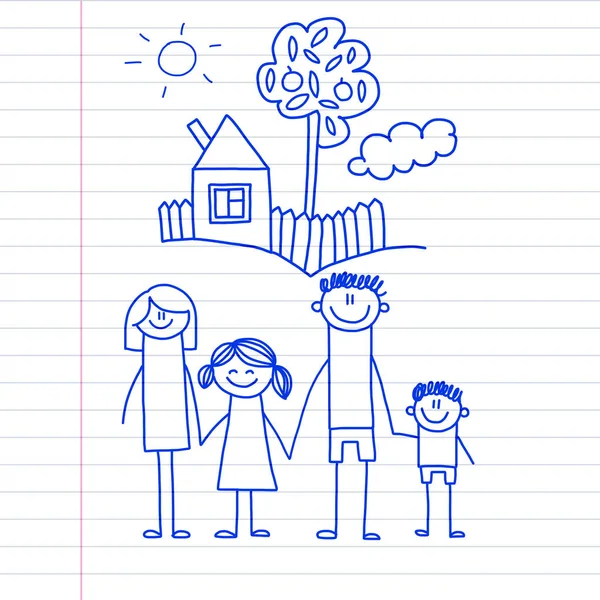 Lycklig familj med små barn och hus barn rita vektor illustration blått bläck penna bild på anteckningar, anteckningsboken papper. — Stock vektor