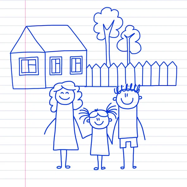 Famille heureuse avec de petits enfants et la maison Illustration vectorielle dessin pour enfants Image stylo encre bleue sur bloc-notes, papier cahier . — Image vectorielle