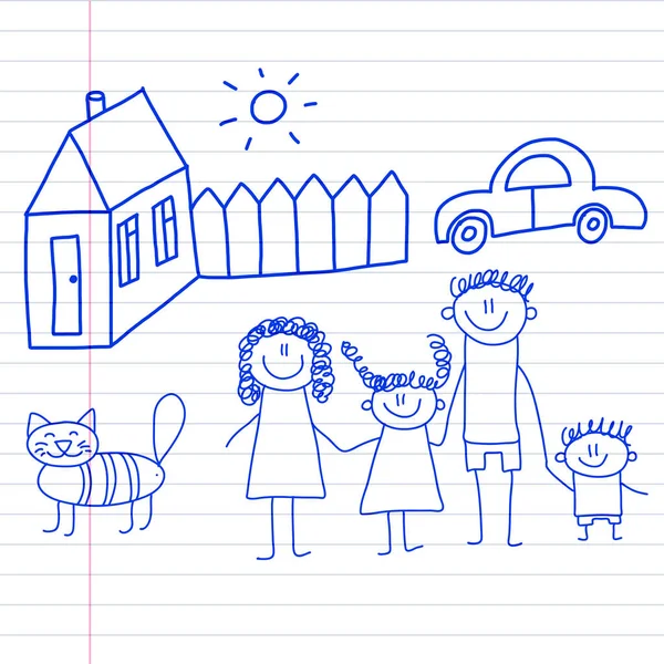 Šťastná rodina s malými dětmi a děti dům kreslení vektorové ilustrace modrý inkoust pero obraz na Poznámkový blok, Poznámkový blok papíru. — Stockový vektor