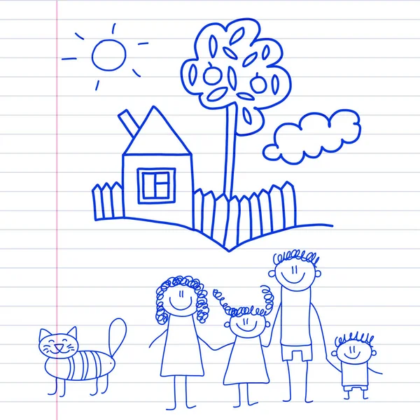 Lycklig familj med små barn och hus barn rita vektor illustration blått bläck penna bild på anteckningar, anteckningsboken papper. — Stock vektor