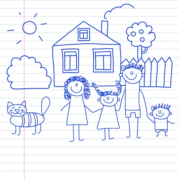 Famille heureuse avec de petits enfants et la maison Illustration vectorielle dessin pour enfants Image stylo encre bleue sur bloc-notes, papier cahier . — Image vectorielle