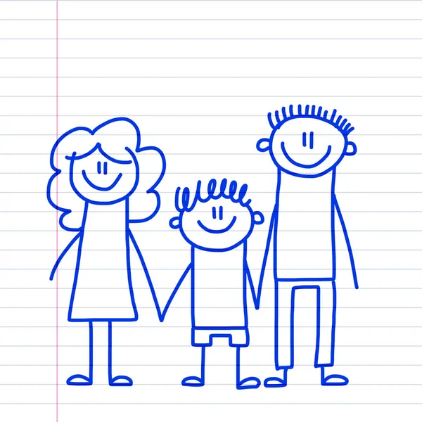 Familia feliz con niños pequeños. Ilustración de estilo de dibujo para niños en bloc de notas, papel cuaderno — Vector de stock