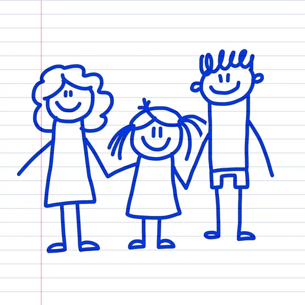 Familia feliz con niños pequeños. Ilustración de estilo de dibujo para niños en bloc de notas, papel cuaderno — Vector de stock