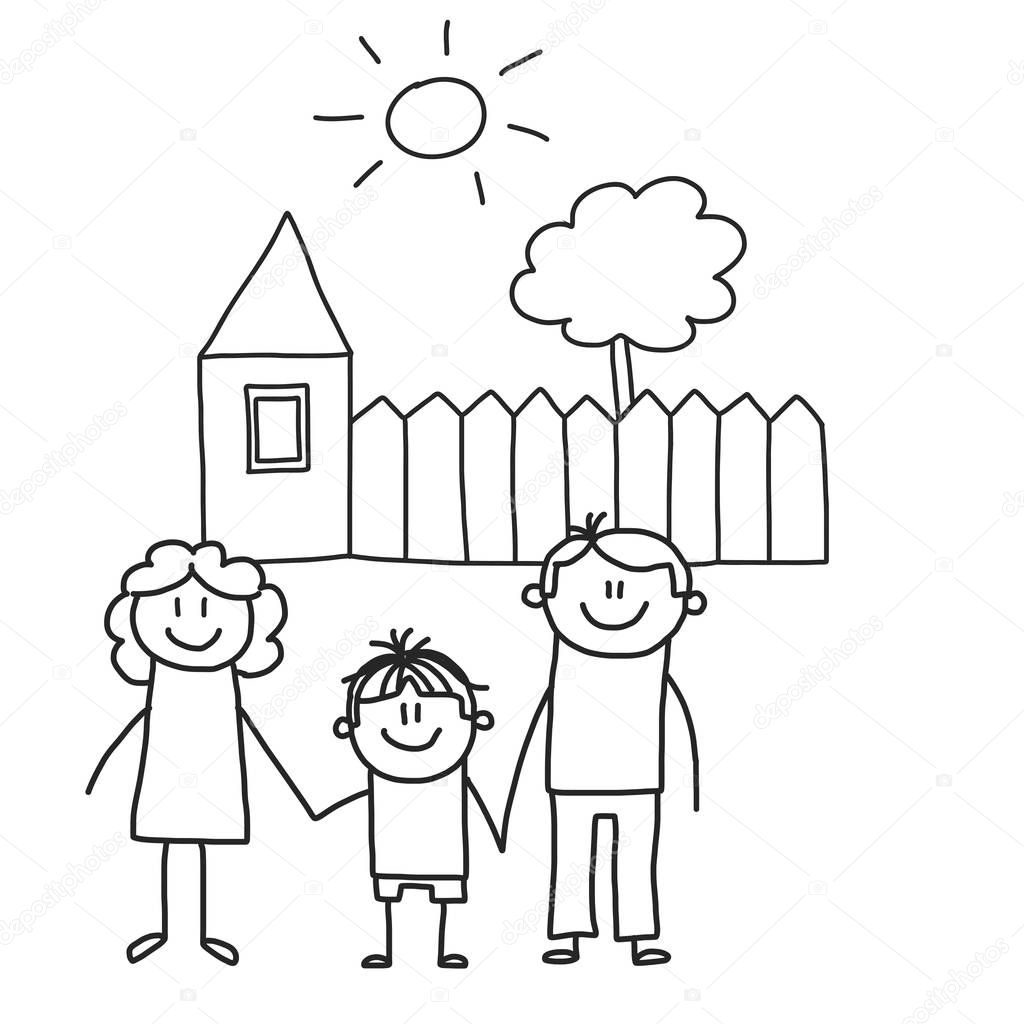 Happy family with children. Kids drawing style vector illustration. Mother, father, sister, brother.