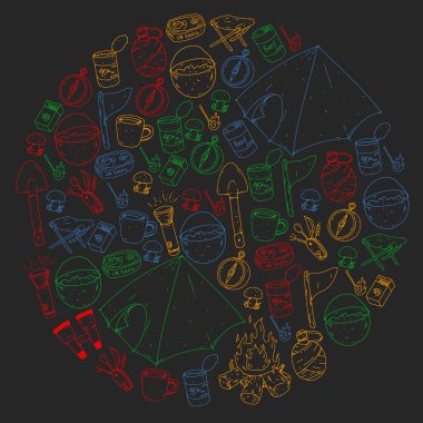 Kamp, hiking, izciler. Vektör doodle simgeler kümesi. Orman ve doğa pusula, çadır, tincans ile macera. Desen renkli elemanları ile.